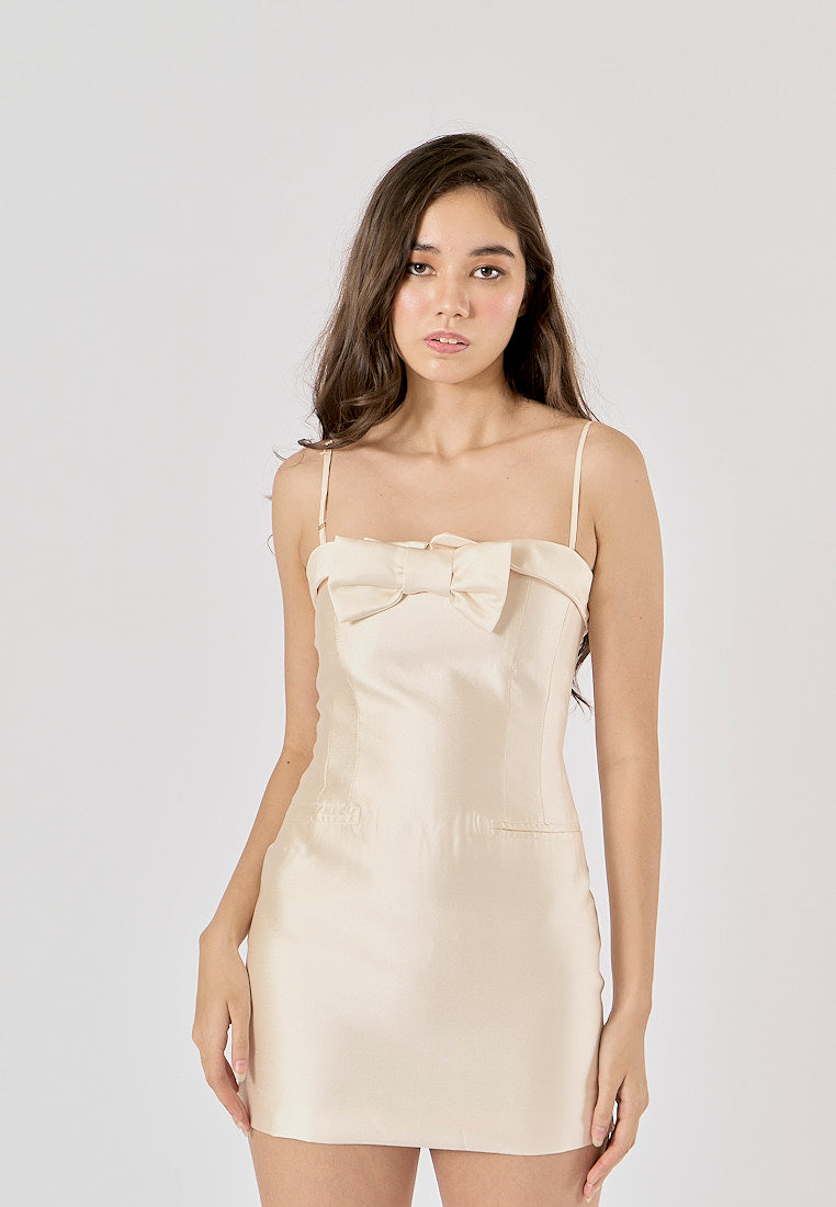 Birtle Beige Front Bow Tie Mini Dress