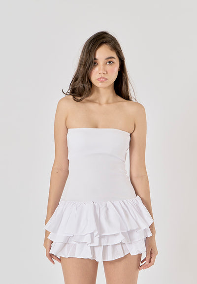 Minerva White Flounced Tube Mini Dress