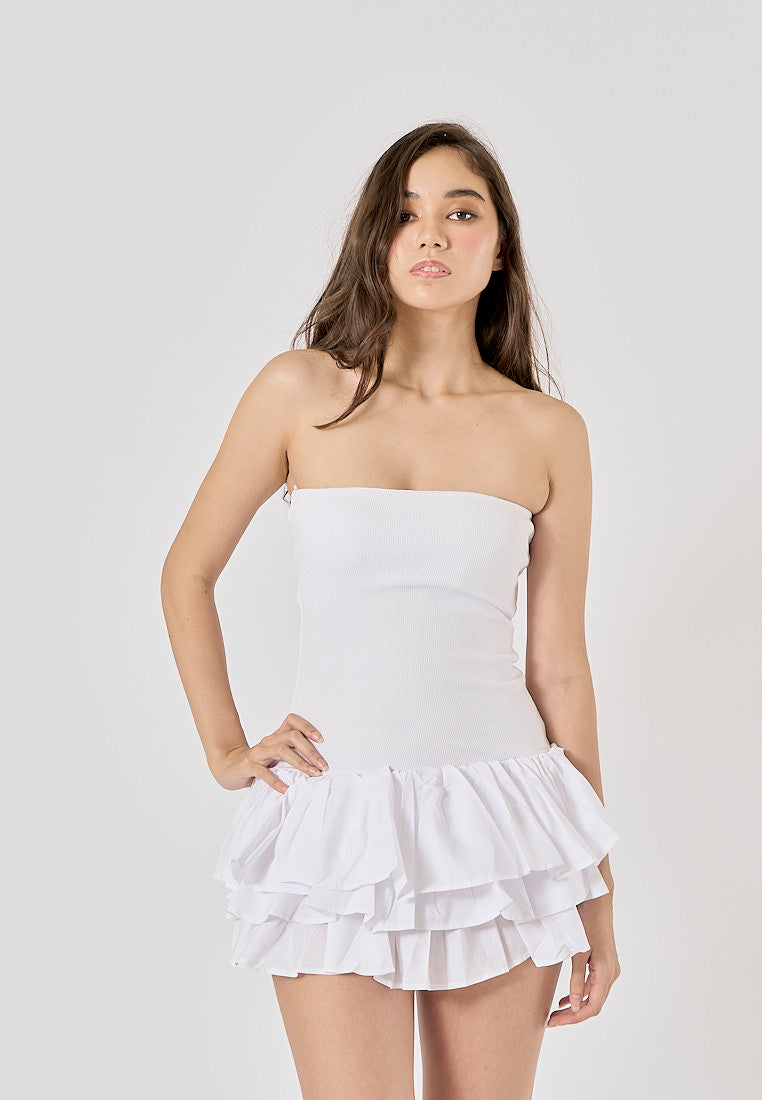 Minerva White Flounced Tube Mini Dress