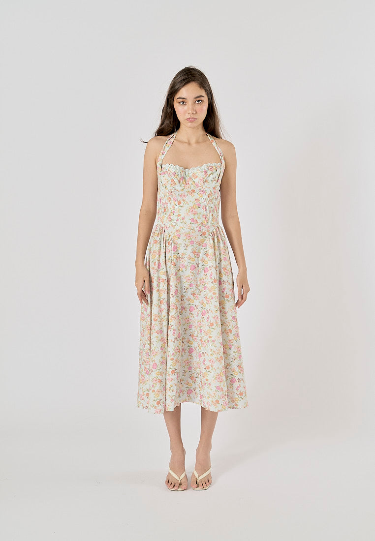 Talula Green Floral Print Back Hollow Out Front Lace up Halter Midi Dress