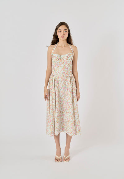 Talula Green Floral Print Back Hollow Out Front Lace up Halter Midi Dress