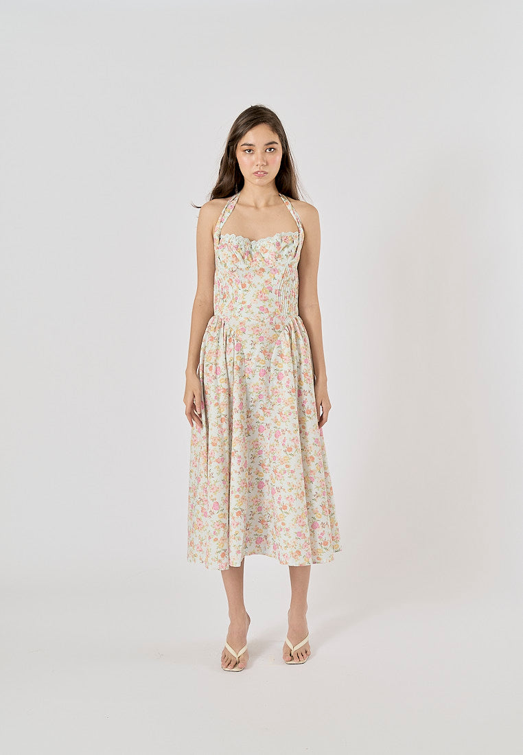 Talula Green Floral Print Back Hollow Out Front Lace up Halter Midi Dress