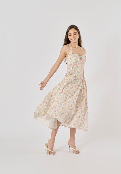 Talula Green Floral Print Back Hollow Out Front Lace up Halter Midi Dress