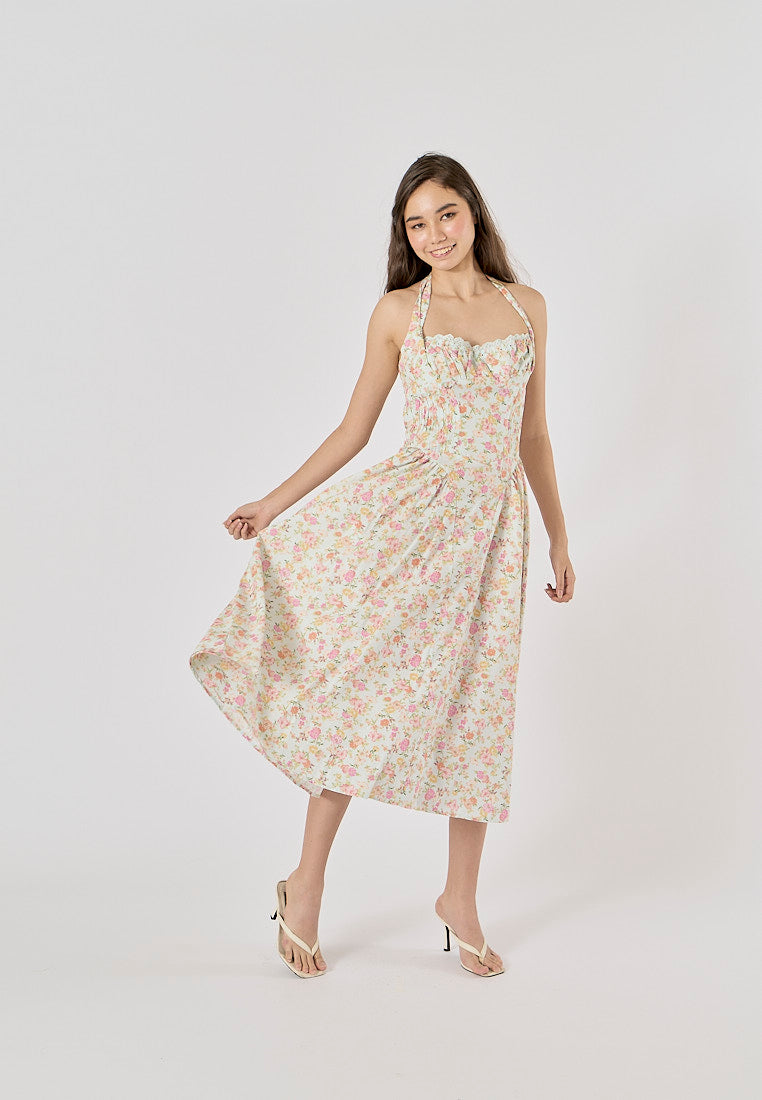 Talula Green Floral Print Back Hollow Out Front Lace up Halter Midi Dress