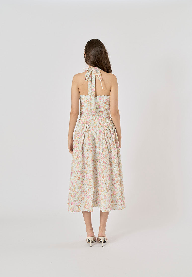 Talula Green Floral Print Back Hollow Out Front Lace up Halter Midi Dress