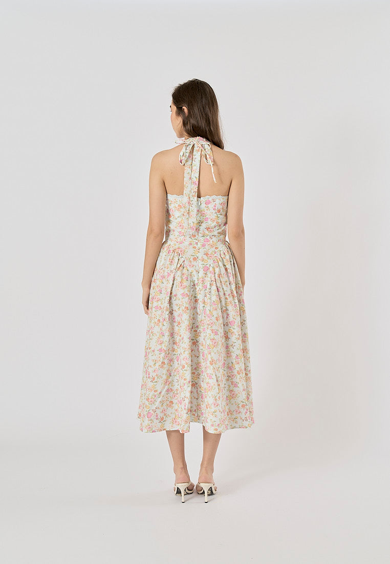 Talula Green Floral Print Back Hollow Out Front Lace up Halter Midi Dress