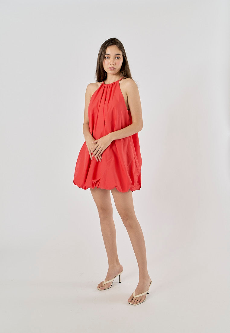 Devry Red Pleated Halter Mini Dress