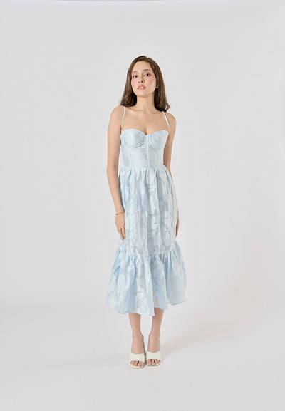 Veronique Pastel Blue Pattern Bustier Midi Layered Dress