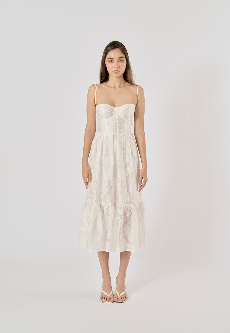 Veronique White Floral Pattern Bustier Midi Layered Dress