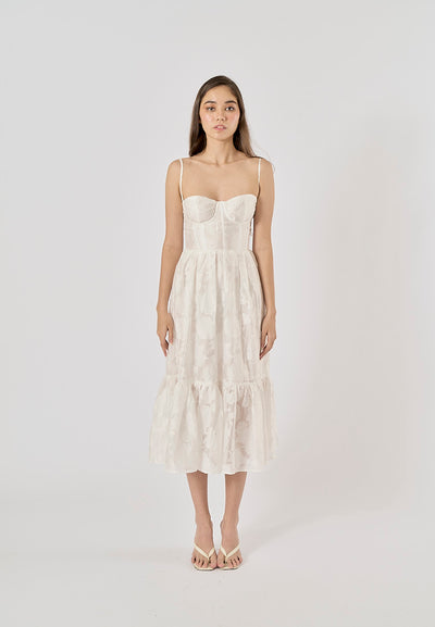 Veronique White Floral Pattern Bustier Midi Layered Dress