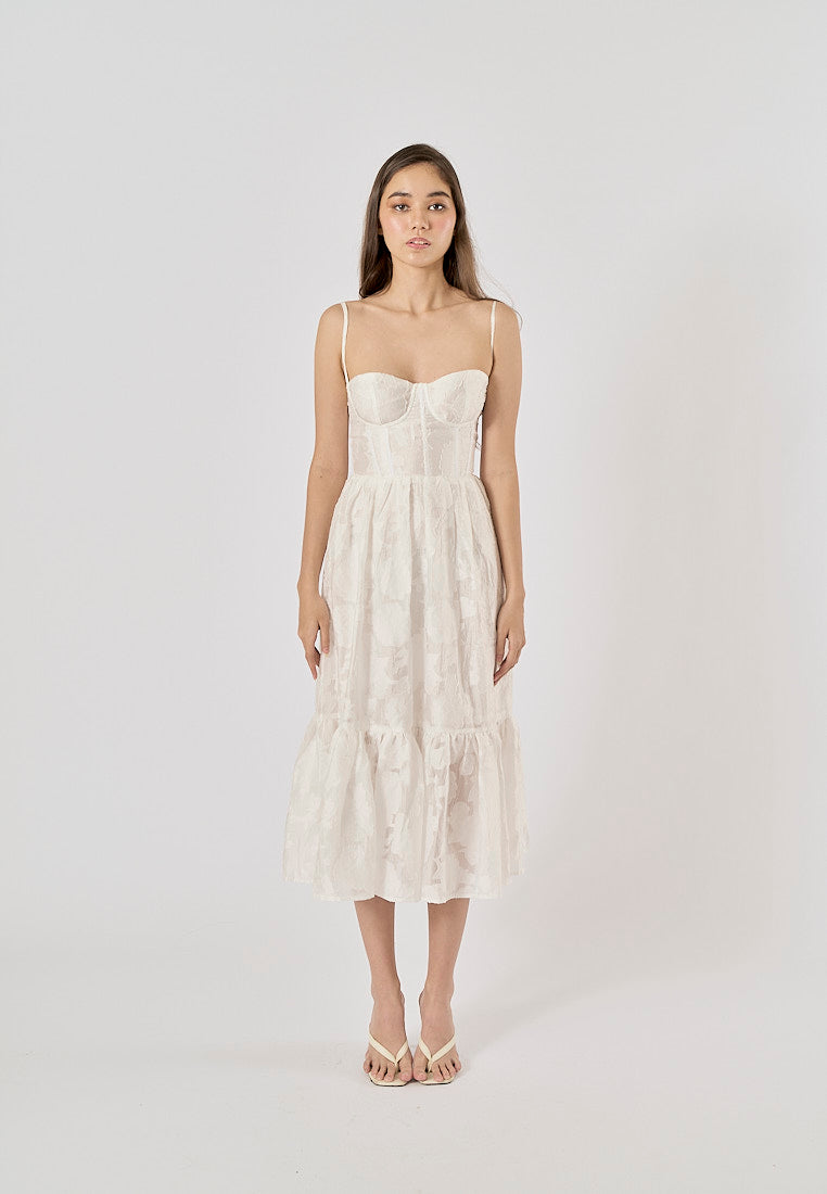 Veronique White Floral Pattern Bustier Midi Layered Dress