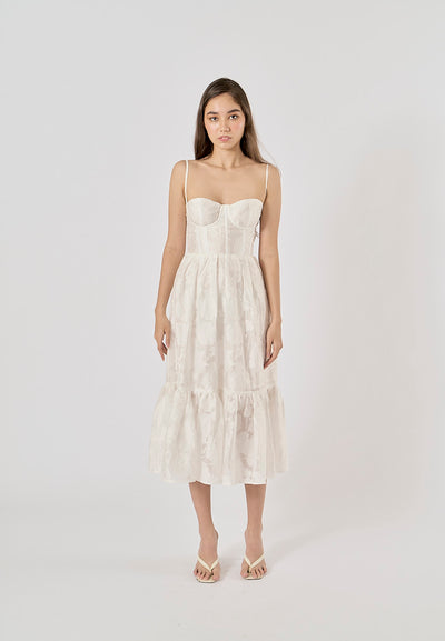 Veronique White Floral Pattern Bustier Midi Layered Dress