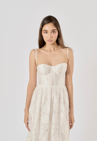 Veronique White Floral Pattern Bustier Midi Layered Dress