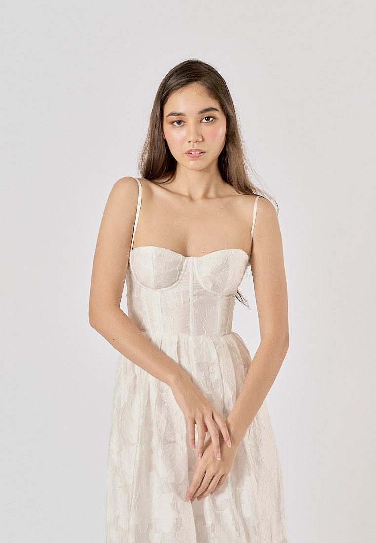 Veronique White Floral Pattern Bustier Midi Layered Dress