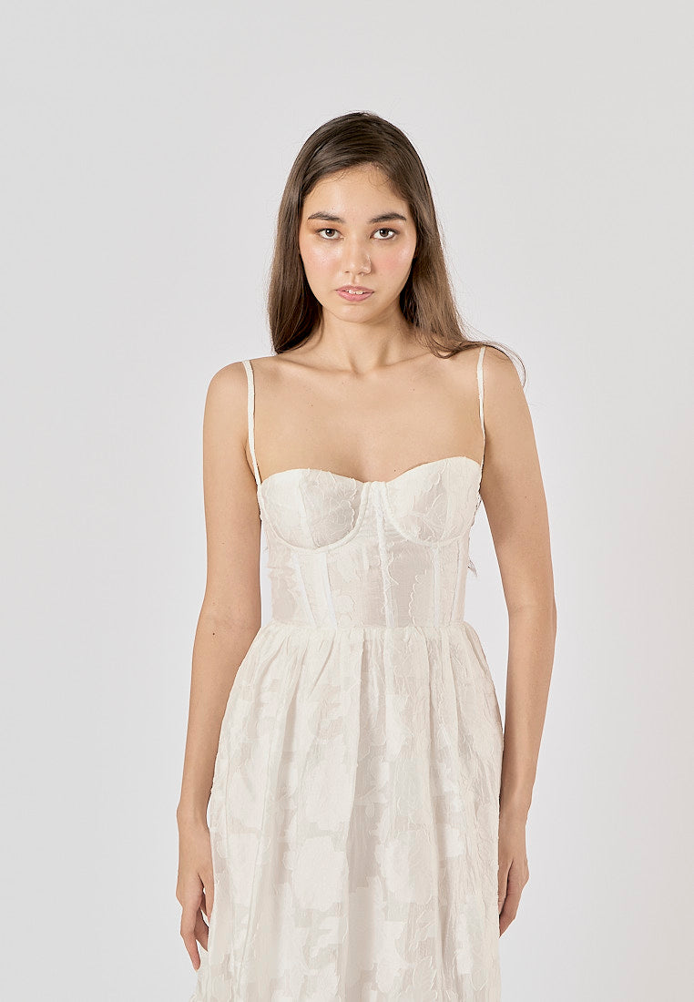 Veronique White Floral Pattern Bustier Midi Layered Dress