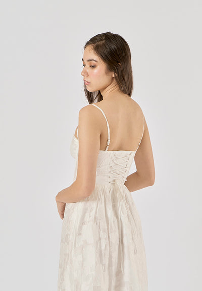 Veronique White Floral Pattern Bustier Midi Layered Dress