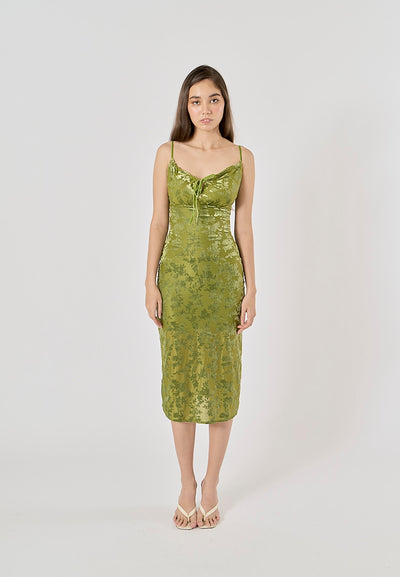 Thyme Green Velvet Floral Pattern Back Slit Midi Dress