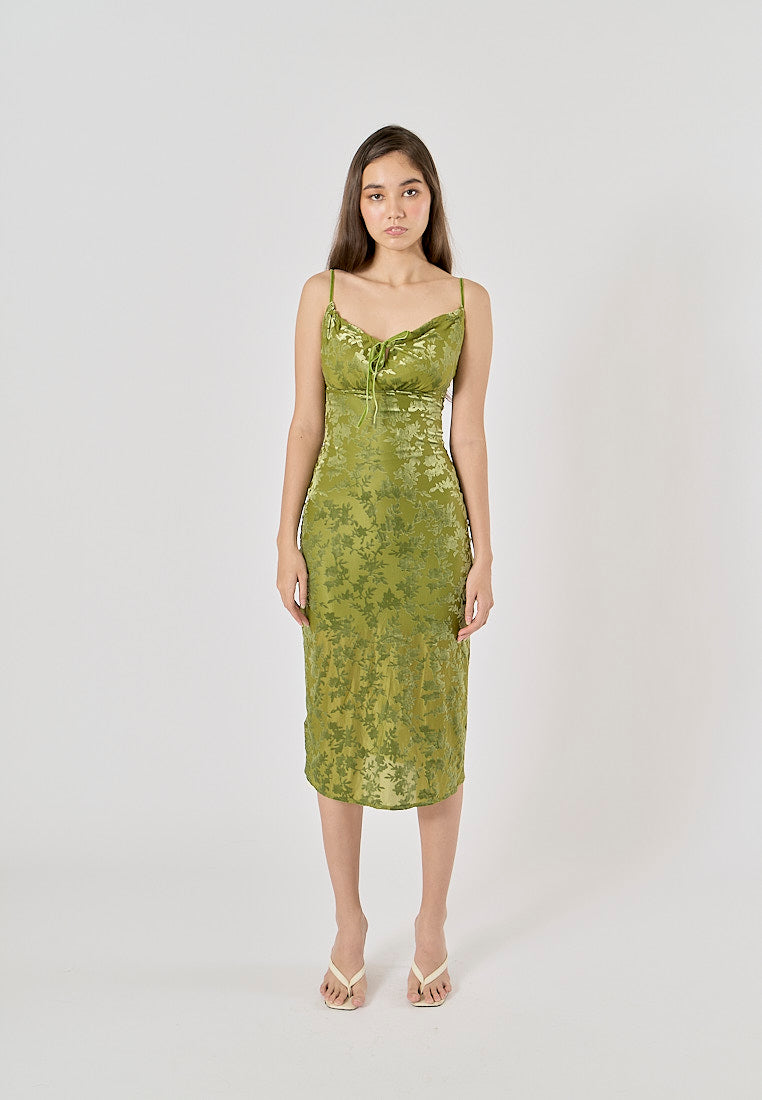 Thyme Green Velvet Floral Pattern Back Slit Midi Dress