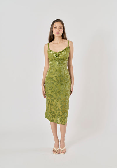 Thyme Green Velvet Floral Pattern Back Slit Midi Dress