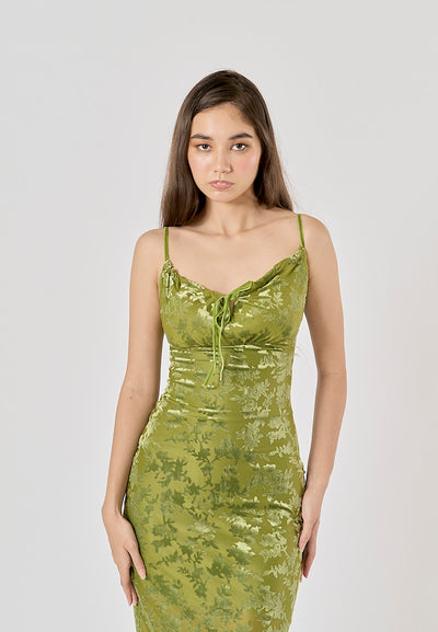 Thyme Green Velvet Floral Pattern Back Slit Midi Dress