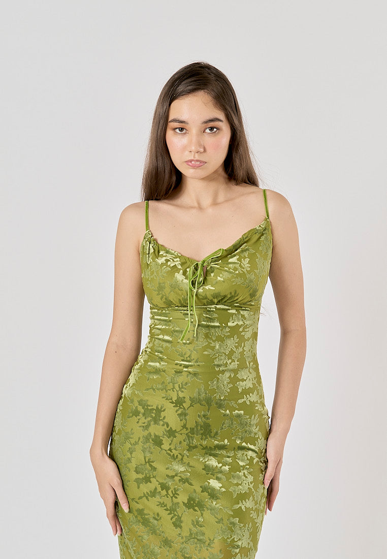 Thyme Green Velvet Floral Pattern Back Slit Midi Dress