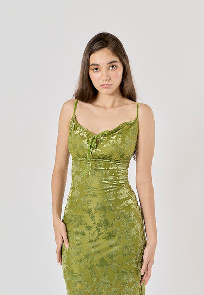 Thyme Green Velvet Floral Pattern Back Slit Midi Dress