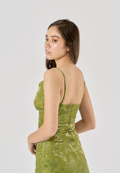 Thyme Green Velvet Floral Pattern Back Slit Midi Dress