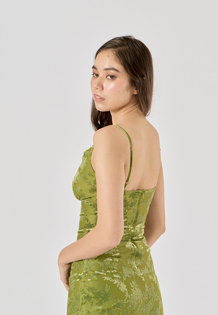 Thyme Green Velvet Floral Pattern Back Slit Midi Dress