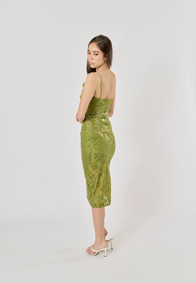 Thyme Green Velvet Floral Pattern Back Slit Midi Dress