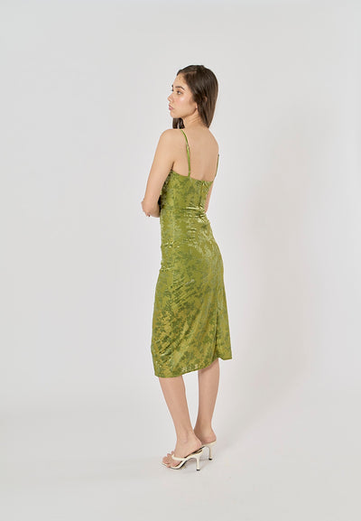 Thyme Green Velvet Floral Pattern Back Slit Midi Dress