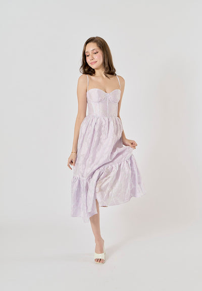 Veronique Lilac Floral Pattern Bustier Midi Layered Dress