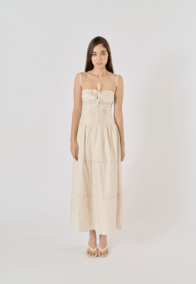 Olivette Beige Button Down Ruched Bust Square Neck Tiered Midi Dress