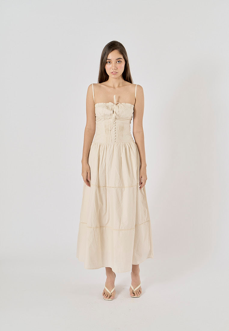 Olivette Beige Button Down Ruched Bust Square Neck Tiered Midi Dress