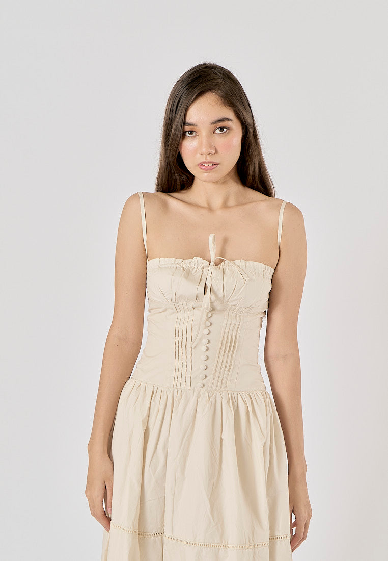 Olivette Beige Button Down Ruched Bust Square Neck Tiered Midi Dress