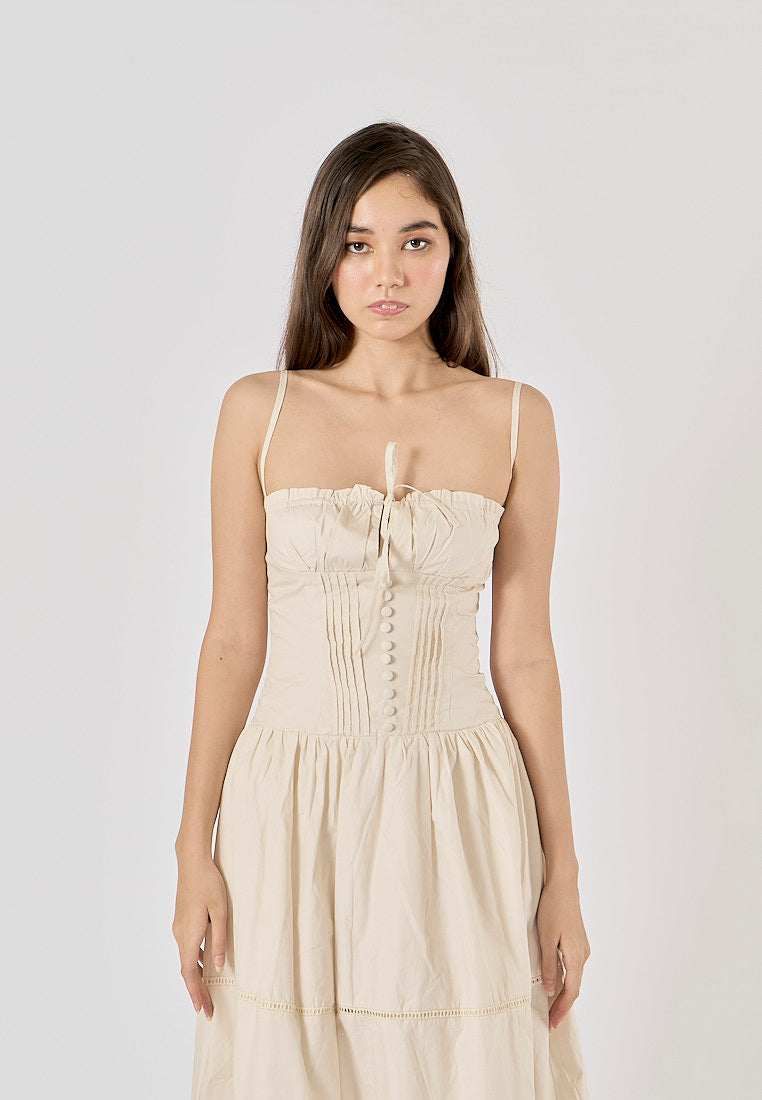 Olivette Beige Button Down Ruched Bust Square Neck Tiered Midi Dress