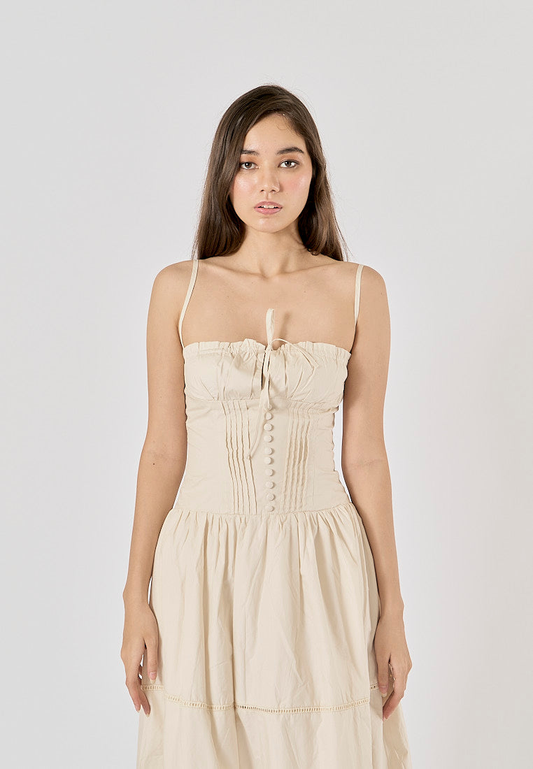 Olivette Beige Button Down Ruched Bust Square Neck Tiered Midi Dress