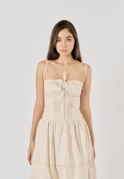 Olivette Beige Button Down Ruched Bust Square Neck Tiered Midi Dress