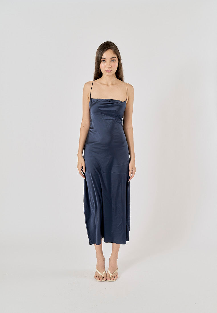 Enora Navy Blue Back Hollow Out Back Lace Up Midi Dress