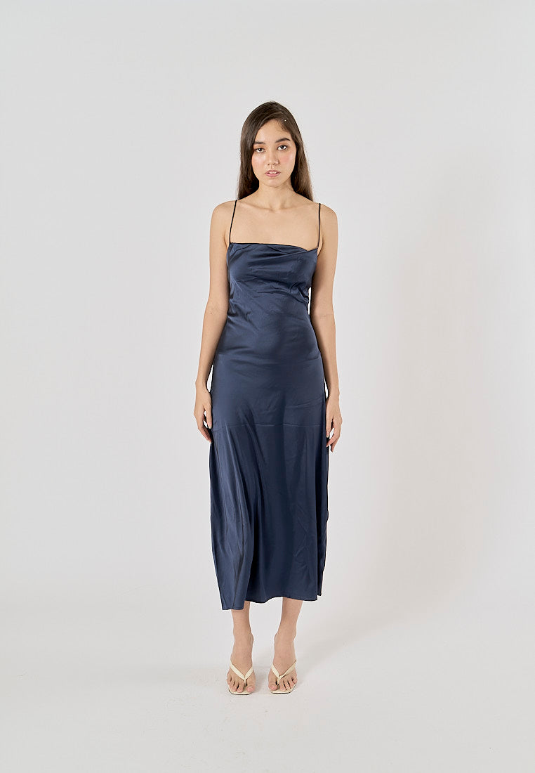 Enora Navy Blue Back Hollow Out Back Lace Up Midi Dress