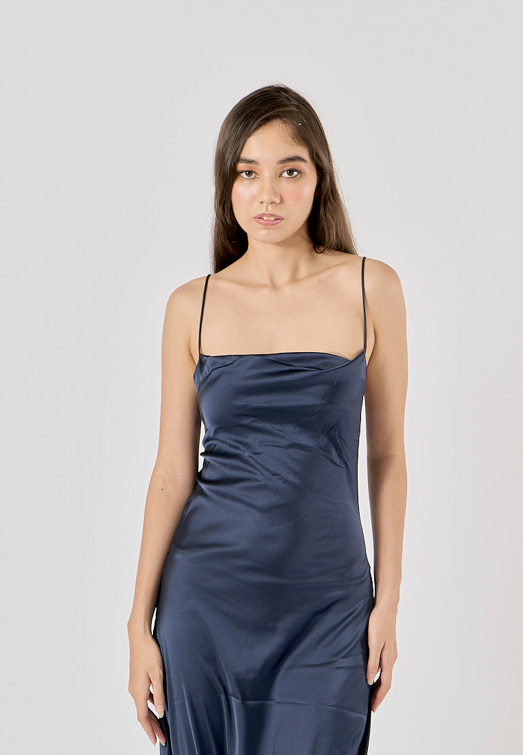 Enora Navy Blue Back Hollow Out Back Lace Up Midi Dress