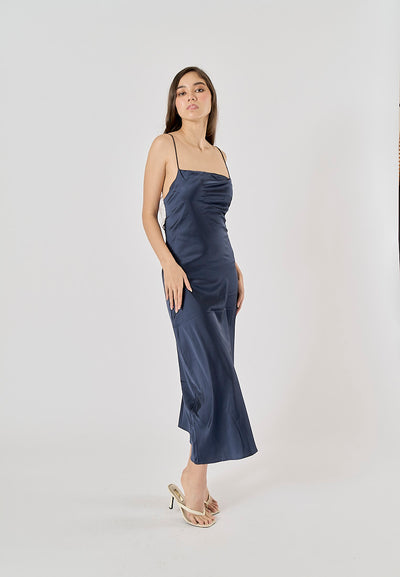 Enora Navy Blue Back Hollow Out Back Lace Up Midi Dress