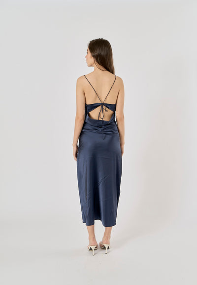 Enora Navy Blue Back Hollow Out Back Lace Up Midi Dress