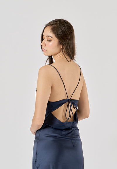 Enora Navy Blue Back Hollow Out Back Lace Up Midi Dress