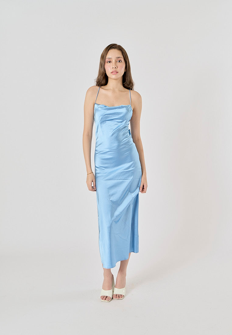 Enora Blue Back Hollow Out Back Lace Up Midi Dress