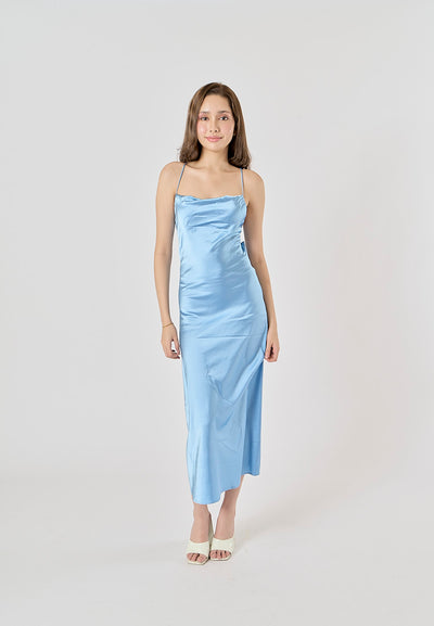 Enora Blue Back Hollow Out Back Lace Up Midi Dress