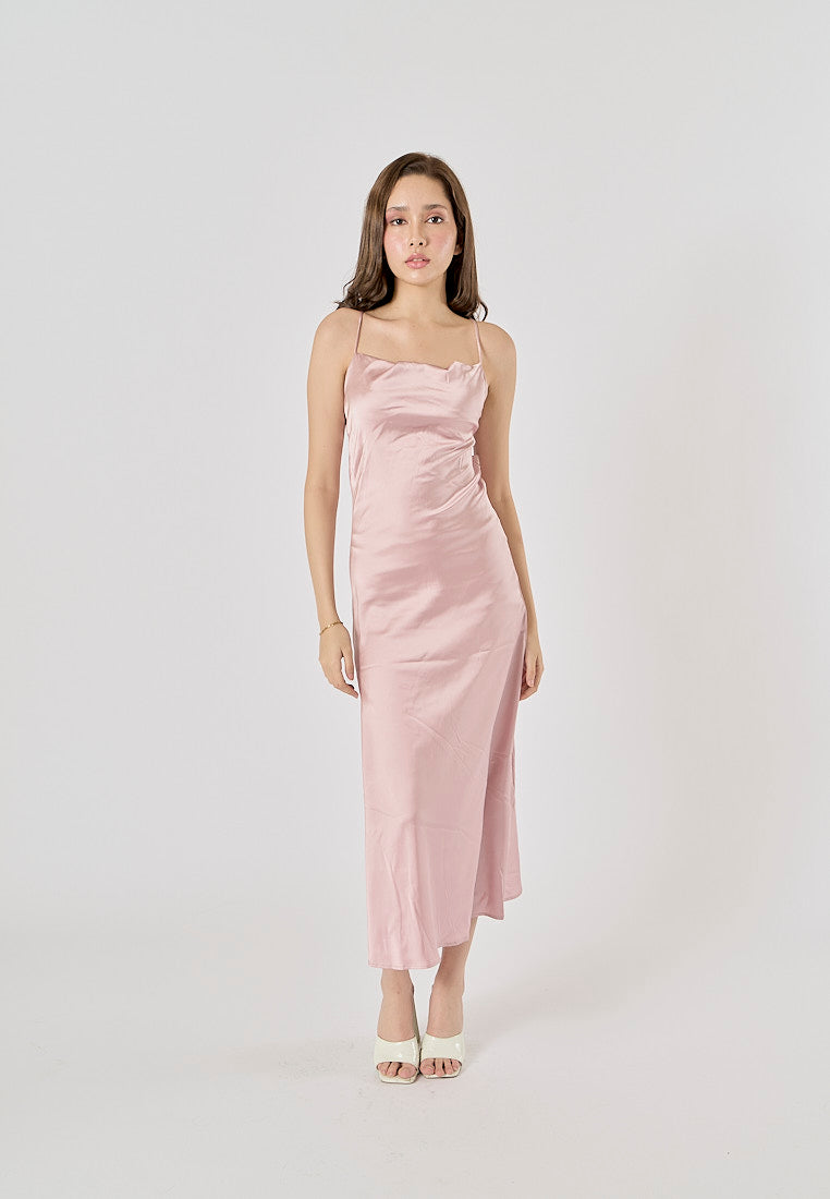 Enora Pink Back Hollow Out Back Lace Up Midi Dress