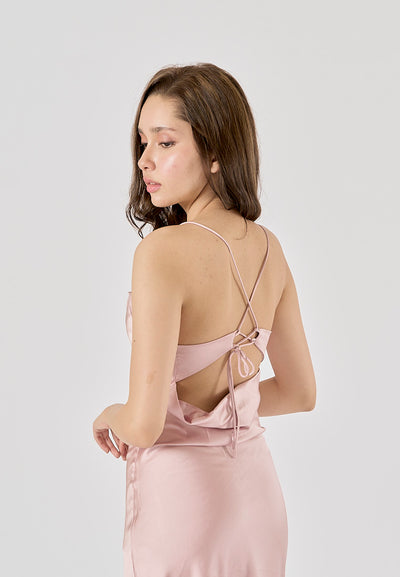 Enora Pink Back Hollow Out Back Lace Up Midi Dress