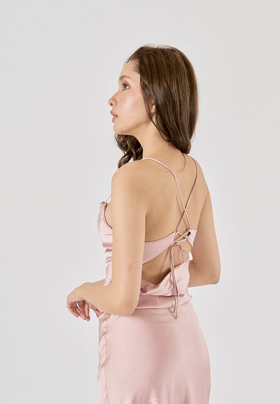 Enora Pink Back Hollow Out Back Lace Up Midi Dress