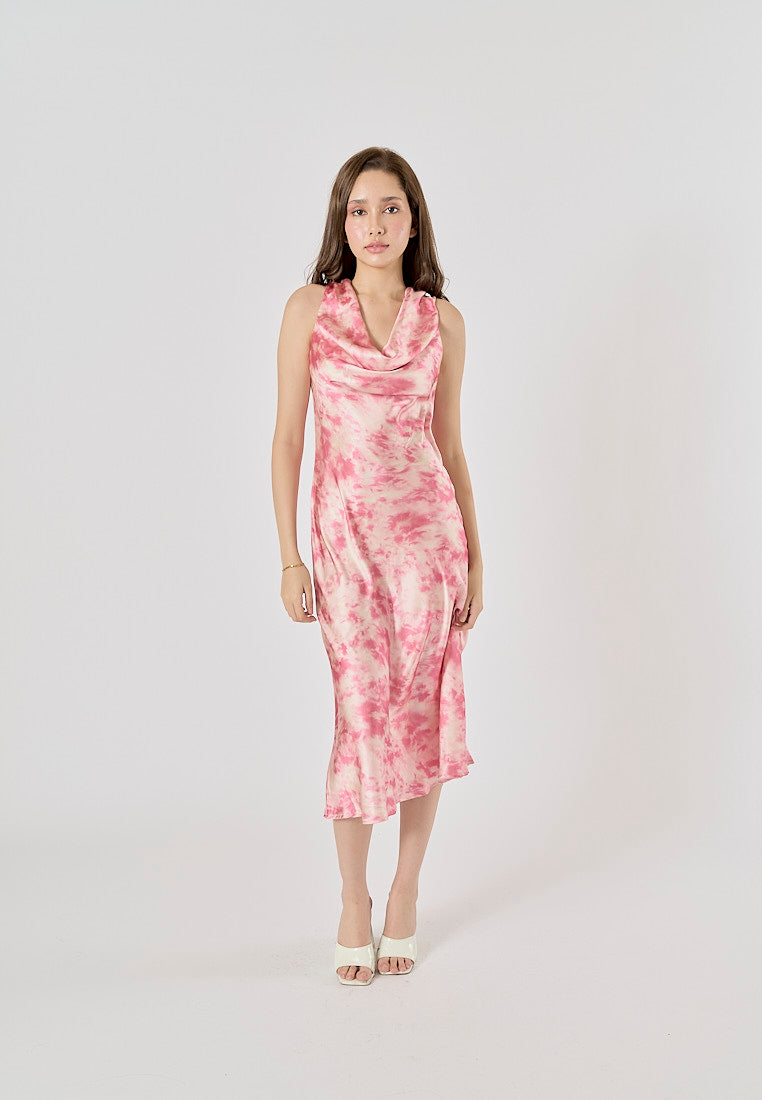 Diodora Pink Tie-Dye Cowl Neck Hollow Out Back Midi Dress