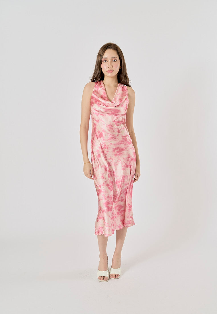 Diodora Pink Tie-Dye Cowl Neck Hollow Out Back Midi Dress